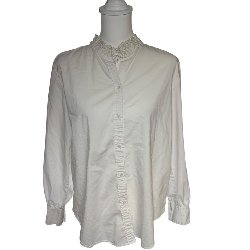 Vintage George Cottagecore White Mandarin Lace  Collar Button Up Top Size XL